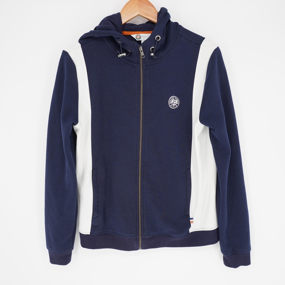 Roland Garros Hoodie Mens L Blue Full Zip Hooded High Neck Pockets Logo
